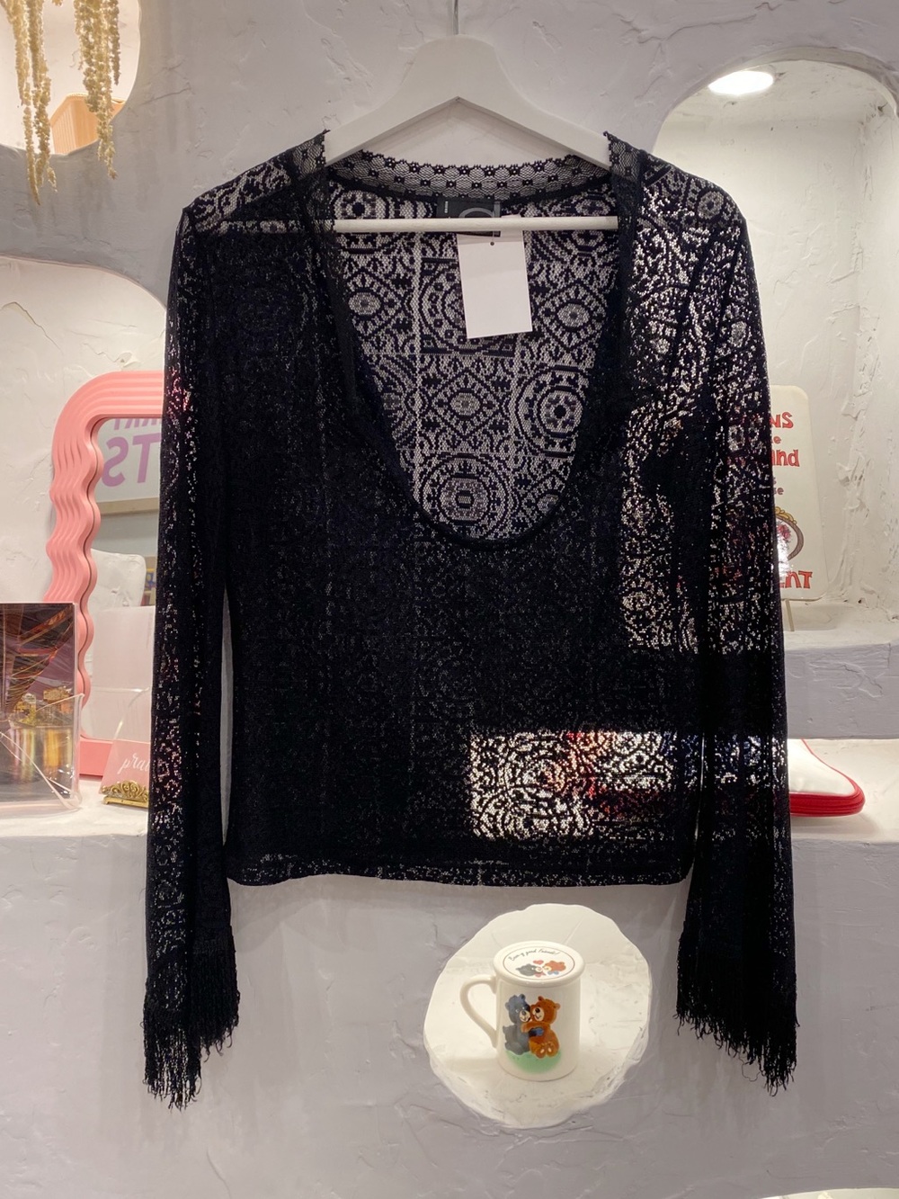 Vintage Dynamite Black Sheer Lace Long-Sleeve Top Cut Out & Flared Fringe Sleeve